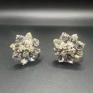Vintage Silver Tone and Rhinestone Screw Back Floral Earrings